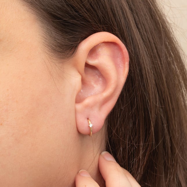 CZ Solitaire Hoop Huggie Solid Gold Earring