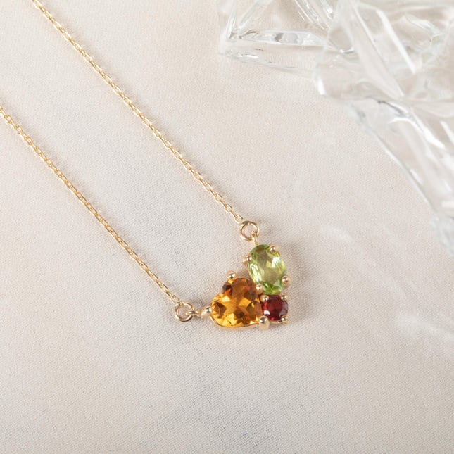 Kalp, Yuvarlak Sitrin, Garnet Peridot Aşk Buketi Renkli Doğal Taşlı Kalp Altın Kolye
