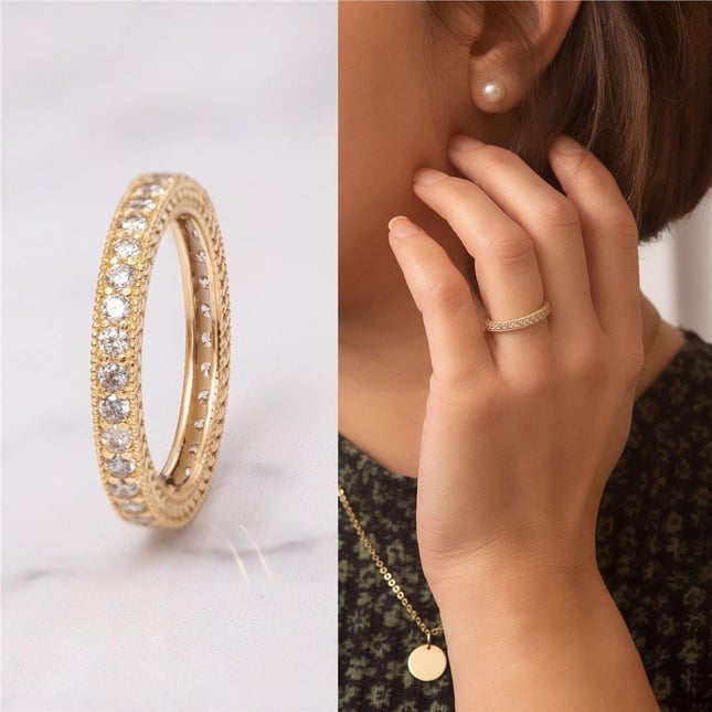 Pear CZ Full Eternity Solid Gold Ring