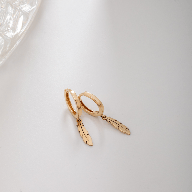 Feather Hoop Huggie Solid Gold Earring