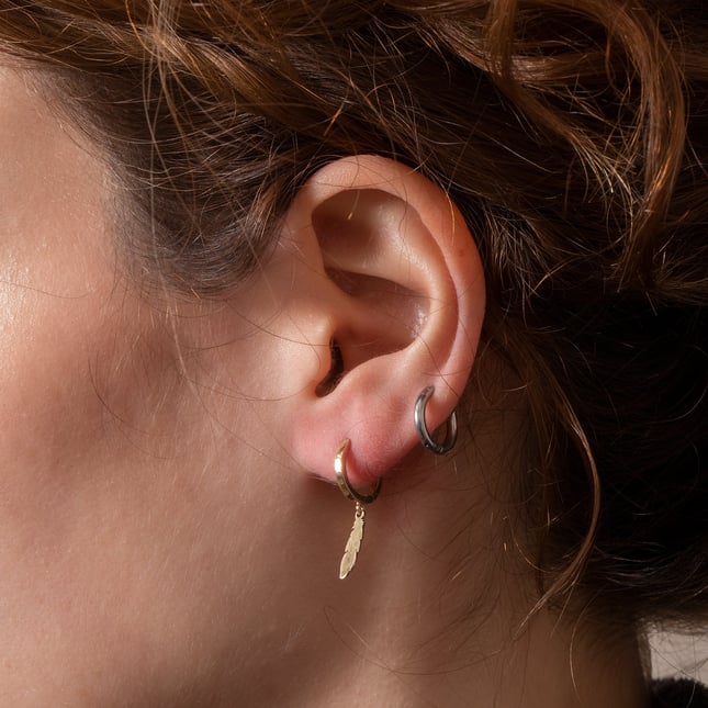 Feather Hoop Huggie Solid Gold Earring