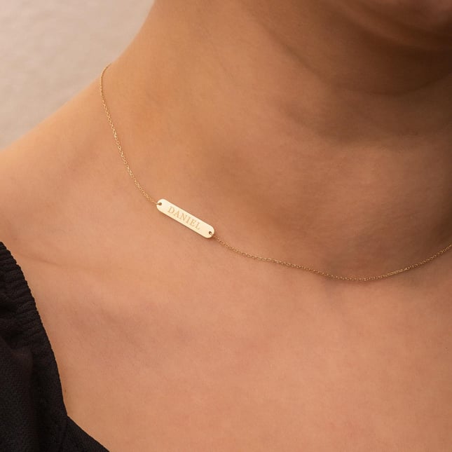 Horizontal Name Bar Custom Engraved Solid Gold Necklace