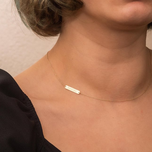 Horizontal Name Bar Custom Engraved Solid Gold Necklace