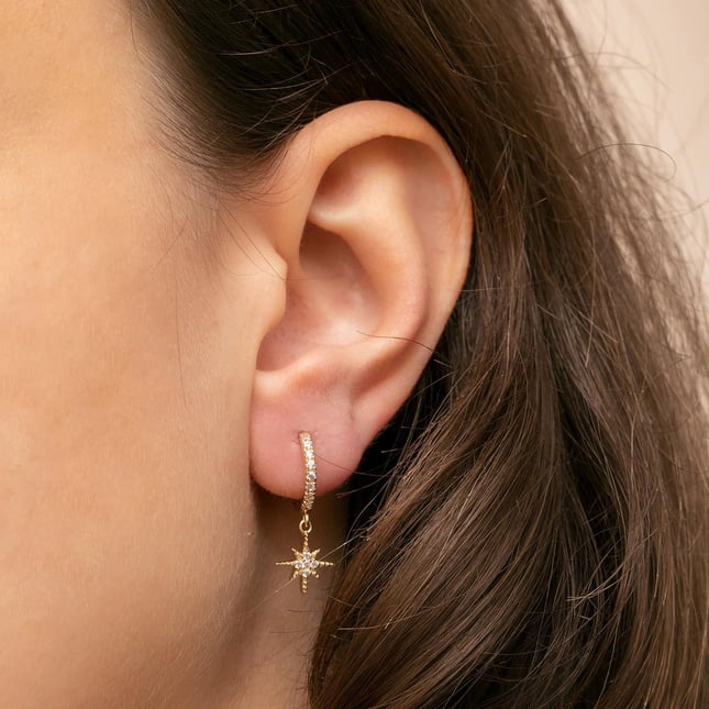 Star Hoop Huggie Solid Gold Earring