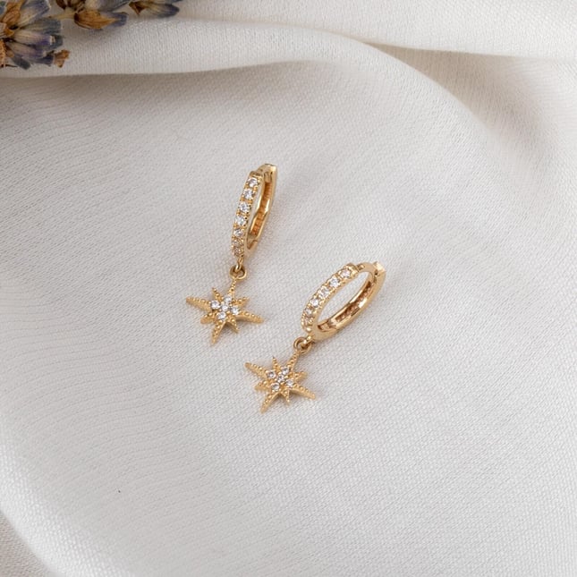 Star Hoop Huggie Solid Gold Earring