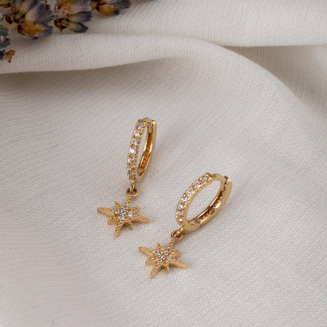 Star Hoop Huggie Solid Gold Earring