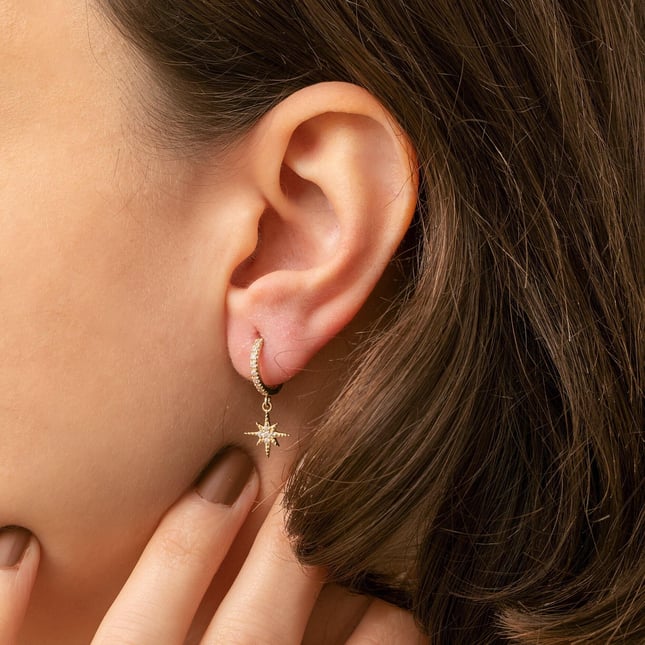 Star Hoop Huggie Solid Gold Earring