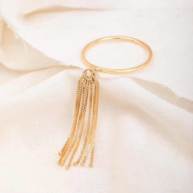 Tassel Dangle Beaded Fringe Solid Gold Ring