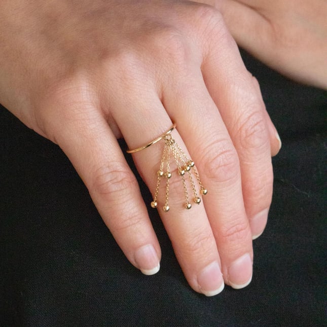 Tassel Dangle Beaded Fringe Solid Gold Ring
