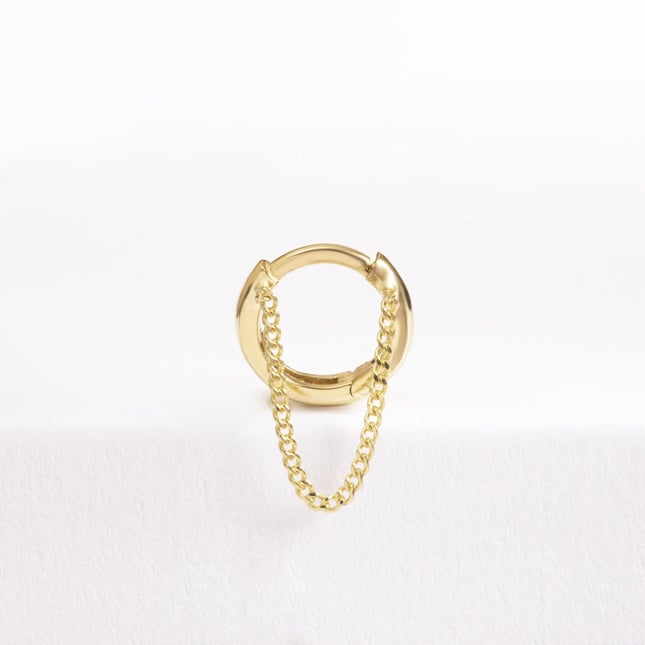 Curb Chain Dangle Hoop Huggie Solid Gold Earring