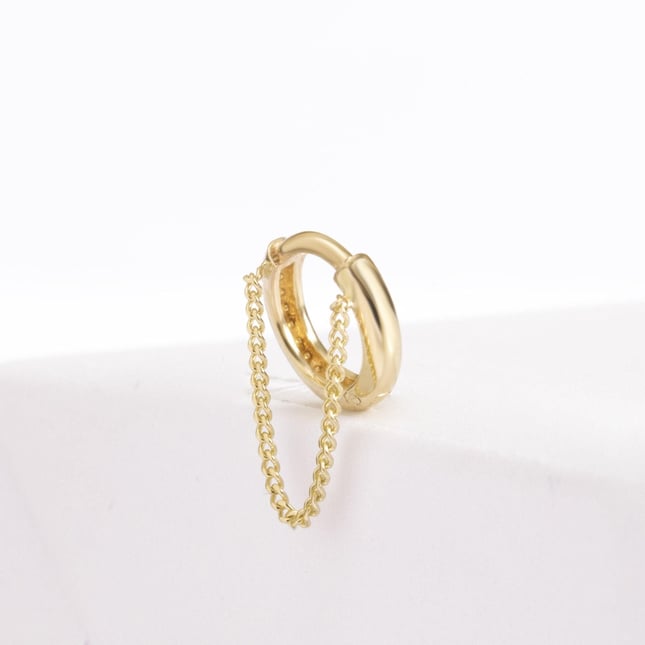 Curb Chain Dangle Hoop Huggie Solid Gold Earring