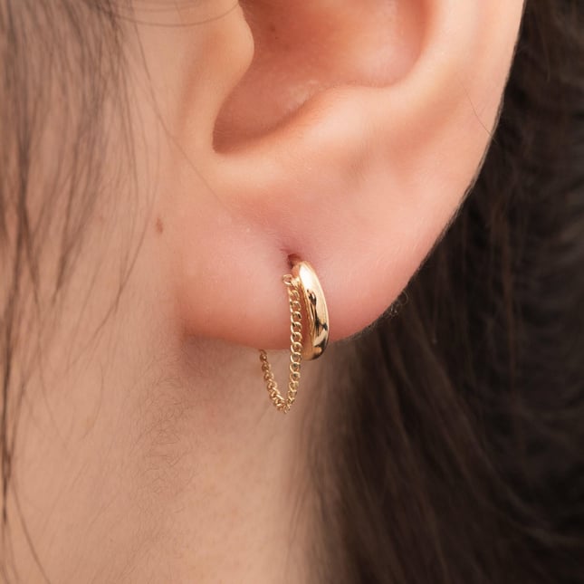 Curb Chain Dangle Hoop Huggie Solid Gold Earring