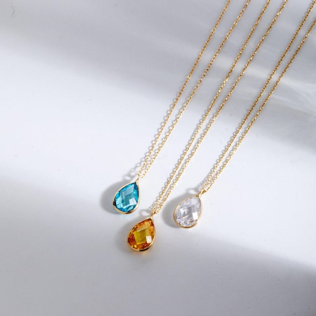 Large Teardrop Birthstone Solid Gold Necklace