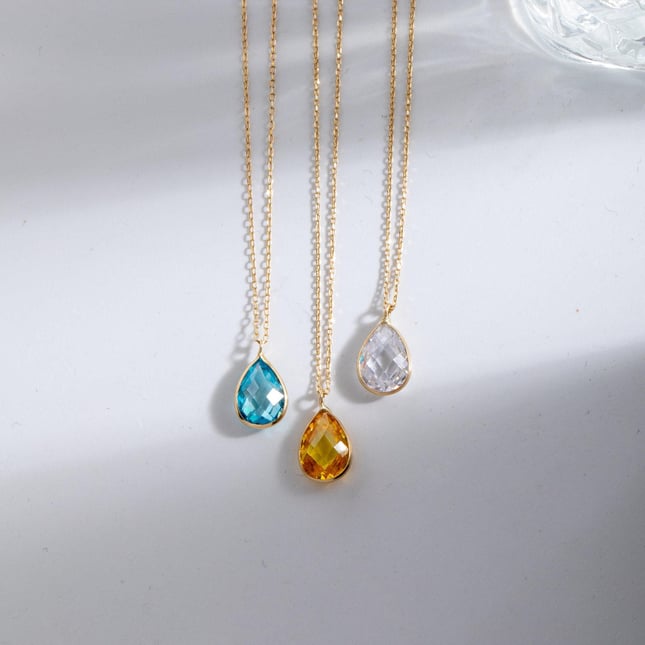 Large Teardrop Birthstone Solid Gold Necklace
