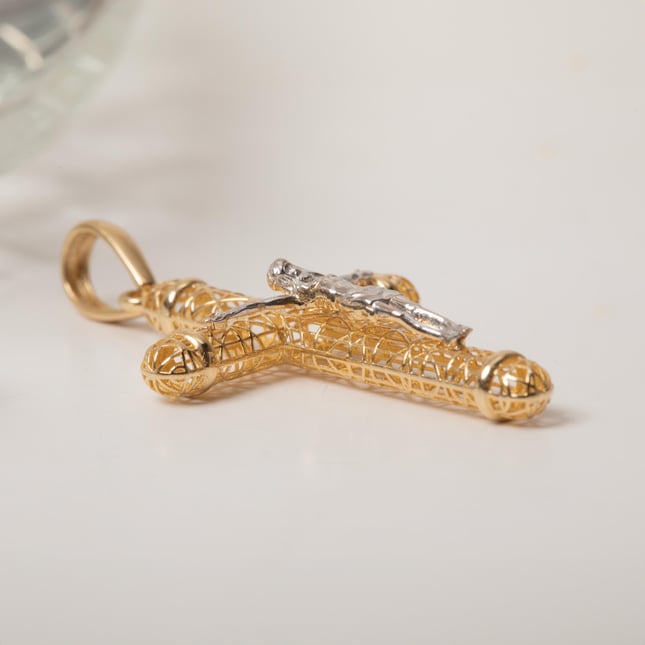 Intricate Two-Tone Solid Gold Cross Necklace