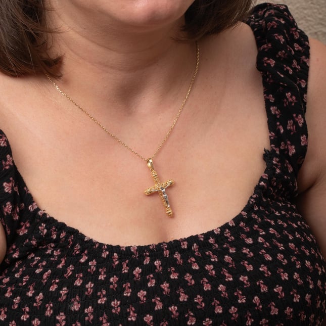 Intricate Two-Tone Solid Gold Cross Necklace