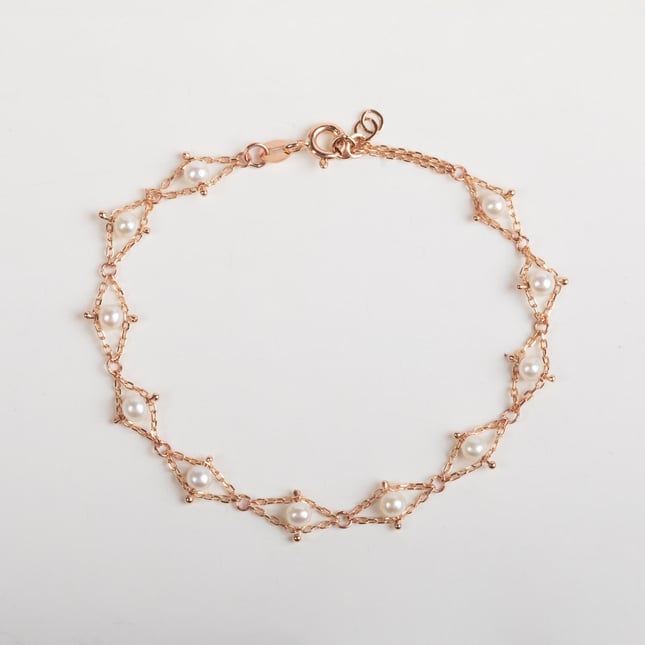 Open Rhombus Pearl Bridal Solid Gold Bracelet