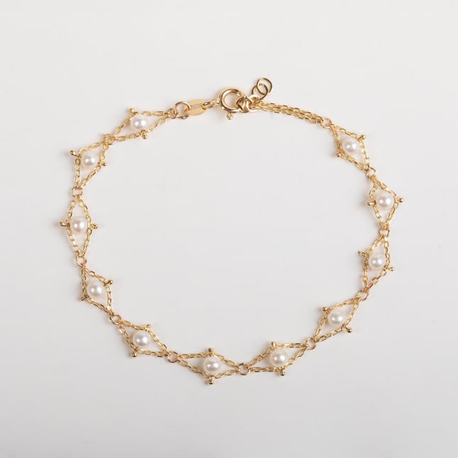 Open Rhombus Pearl Bridal Solid Gold Bracelet