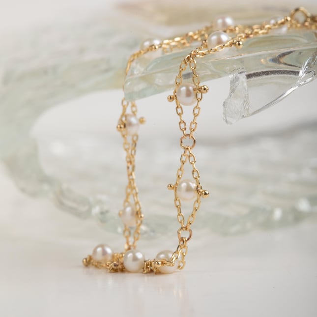 Open Rhombus Pearl Bridal Solid Gold Bracelet