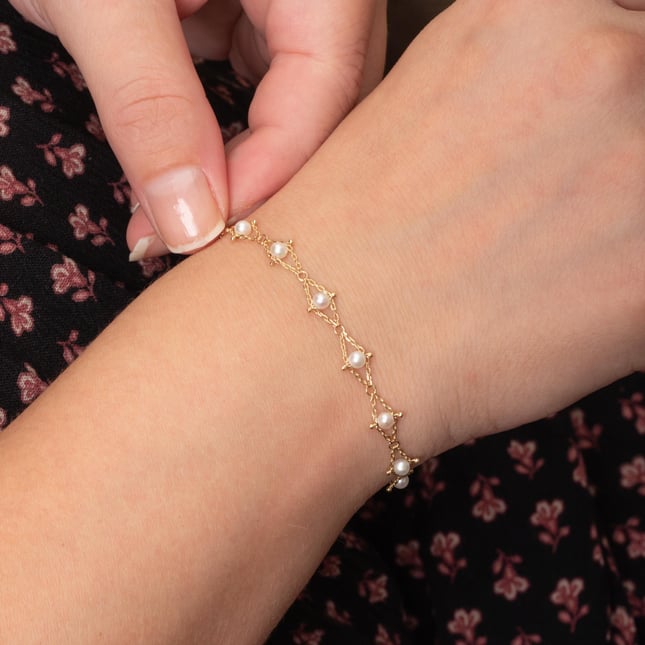 Open Rhombus Pearl Bridal Solid Gold Bracelet