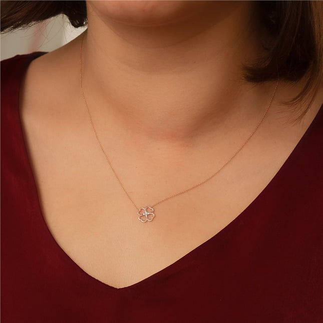 0.03 Ct Diamond Leaf Clover Cluster Solid Gold Necklace