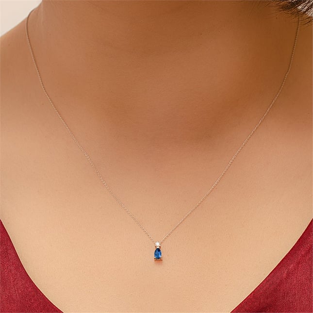 0.04 Ct Diamond Sapphire Solid Gold Necklace