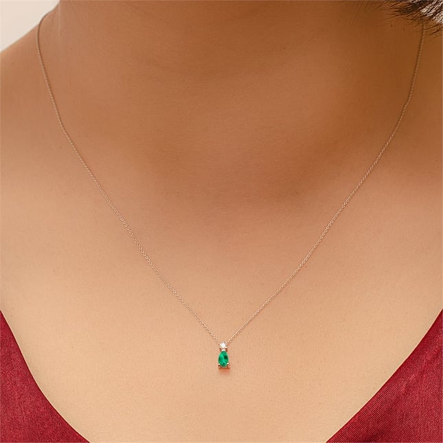 0.04 Ct Diamond Pear Emerald Solid Gold Necklace