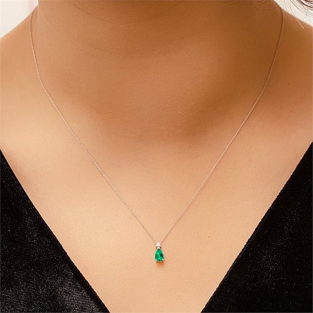 0.05 Ct Diamond Pear Emerald Solid Gold Necklace