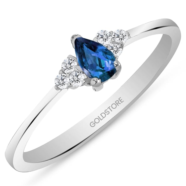 0.08 Ct Diamond Pear Sapphire Deep Blue Cascade Cluster Solid Gold Ring