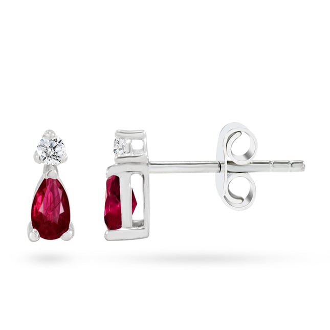 0.08 Ct Diamond Pear Ruby Stud Solid Gold Earring