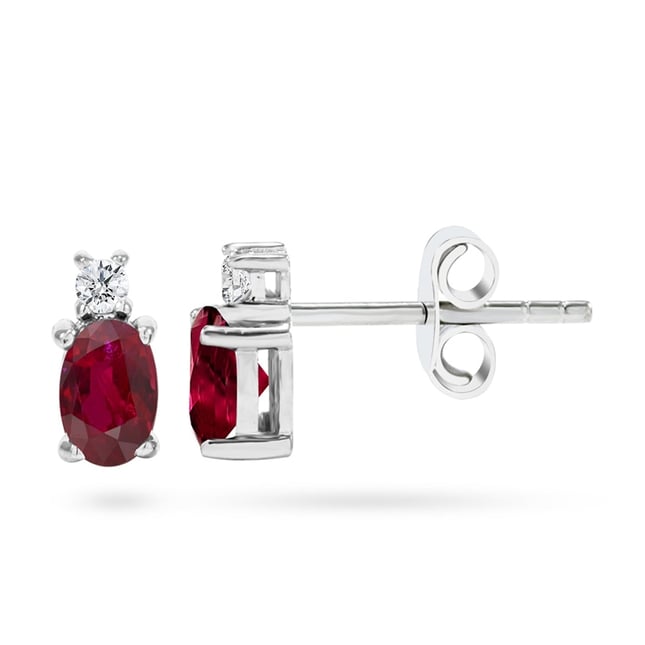 0.08 Ct Diamond Oval Ruby Stud Solid Gold Earring