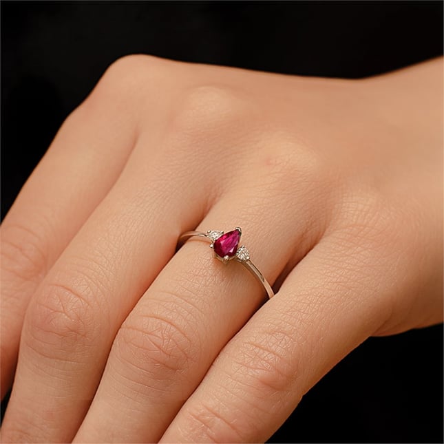 0.08 Ct Diamond Pear Ruby Cluster Solid Gold Ring