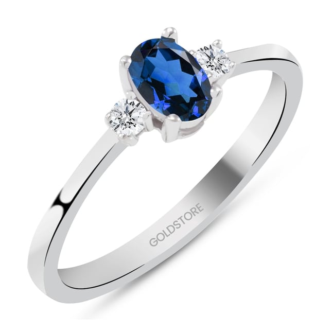 0.10 Ct Diamond 3 Stone Oval Sapphire Solid Gold Ring