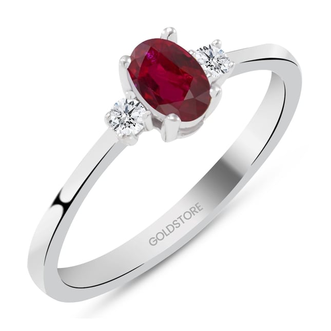 0.10 Ct Diamond 3 Stone Oval Ruby Solid Gold Ring