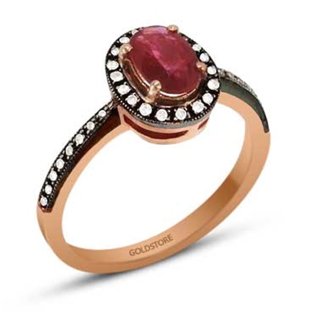 0.12 Ct Diamond Oval Ruby Halo Solid Gold Ring