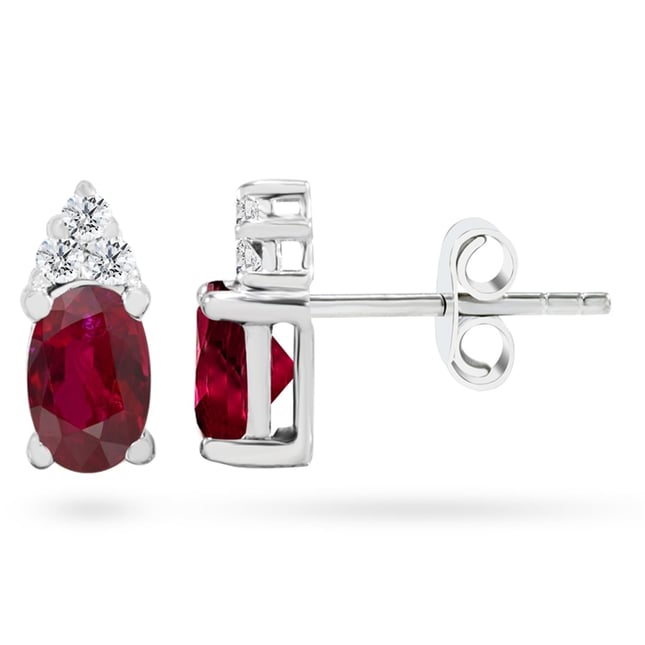 0.12 Ct Diamond Oval Ruby Stud Solid Gold Earring