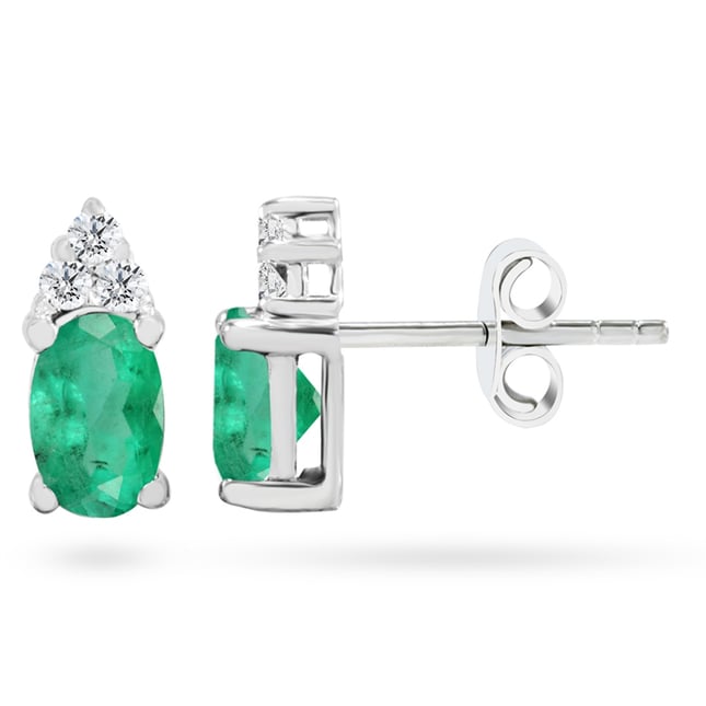 0.12 Karat Pırlanta Oval Zümrüt Çivili Altın Küpe