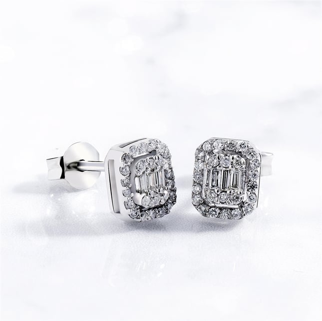 0.31 Ct Diamond Baguette Halo Stud Cluster Solid Gold Earring