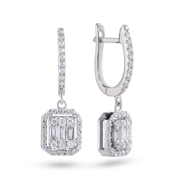 0.66 Ct Diamond Baguette Halo Huggie Cluster Solid Gold Earring