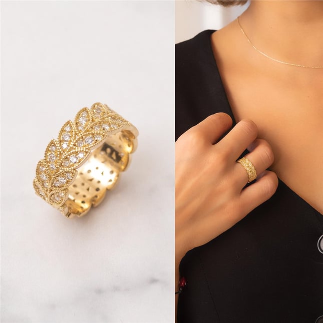0.75 Ct Diamond Leaf Art Nouveau Full Eternity Solid Gold Ring
