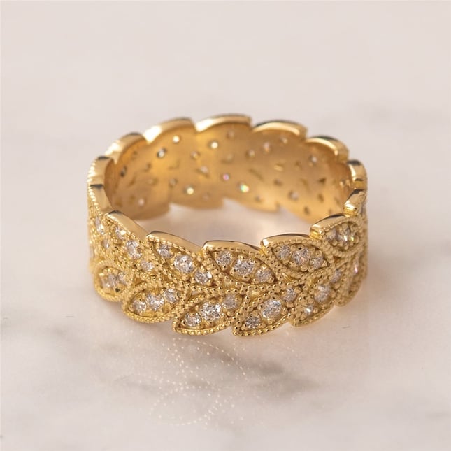 0.75 Ct Diamond Leaf Art Nouveau Full Eternity Solid Gold Ring