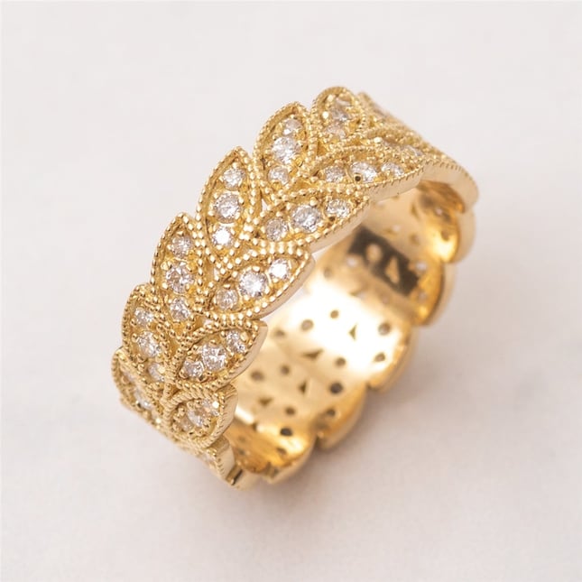0.75 Ct Diamond Leaf Art Nouveau Full Eternity Solid Gold Ring