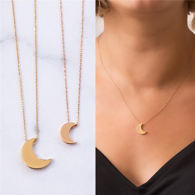 Crescent Moon Solid Gold Necklace