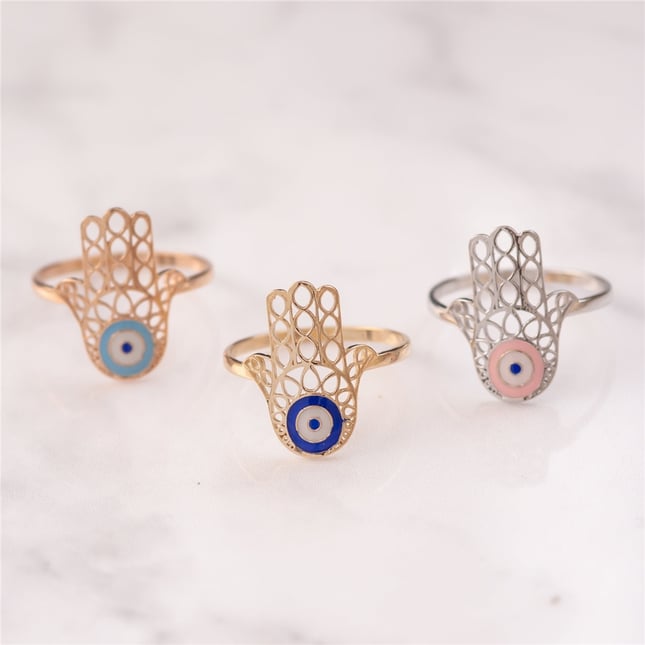 Evil Eye Hamsa Hand of Fatima Solid Gold Ring