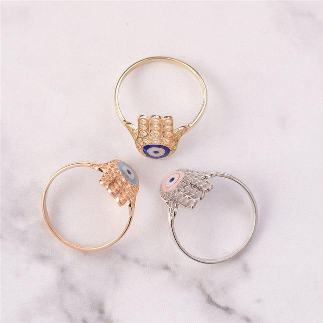 Evil Eye Hamsa Hand of Fatima Solid Gold Ring