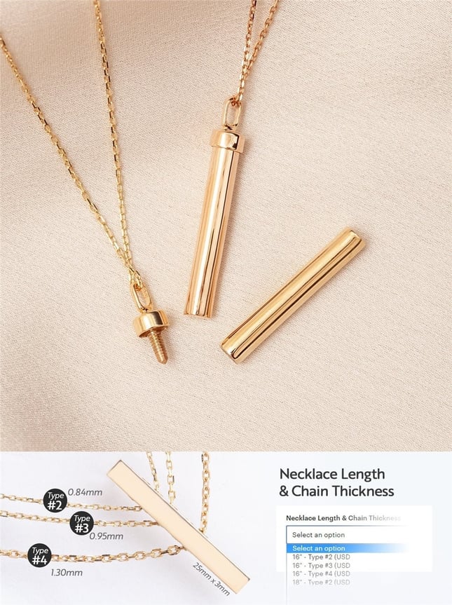 Cremation Engraved Personalized Cylinder Solid Gold Necklace