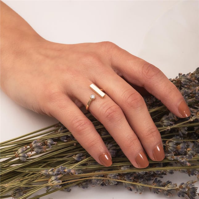 CZ Cremation Birthstone Engraved Personalized 3d Bar Solid Gold Ring