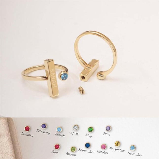 CZ Cremation Birthstone Engraved Personalized 3d Bar Solid Gold Ring