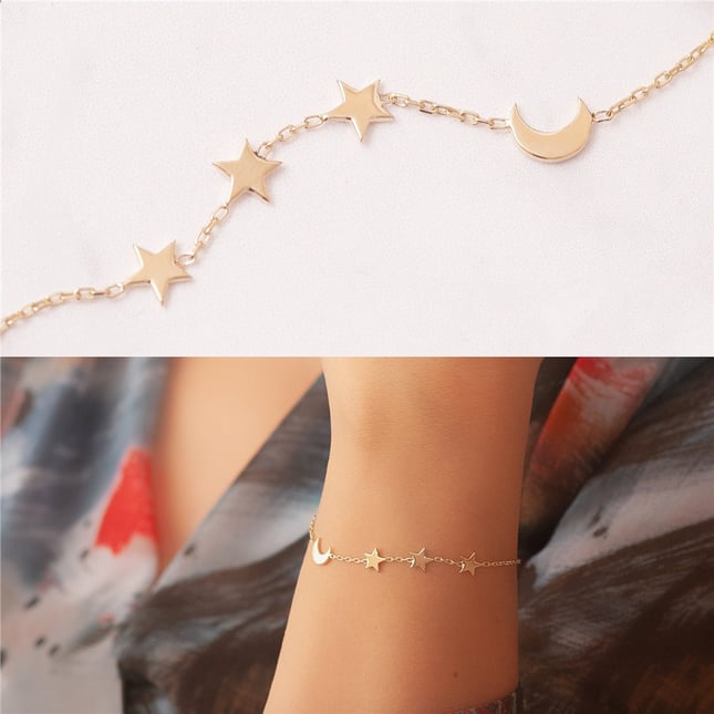 Crescent Moon Star Solid Gold Bracelet