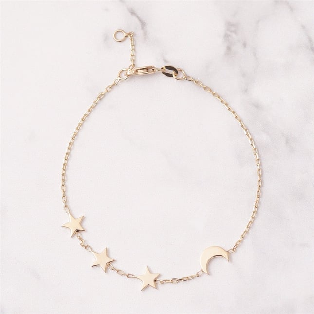 Crescent Moon Star Solid Gold Bracelet